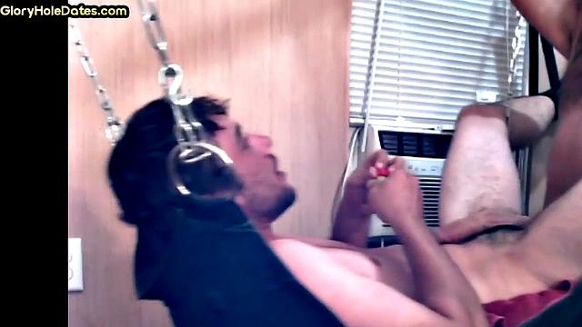 Real mature gay fucks stud in sling at home till cum