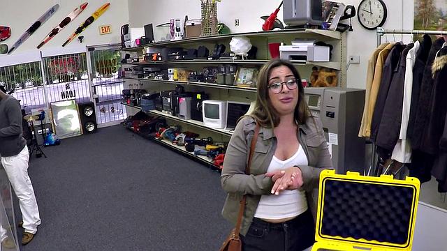 Pawnshop slut loves sucking nice dick while jerking it