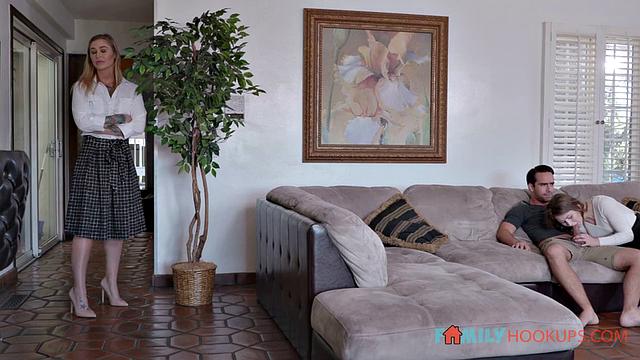 Cute teen Paige Owens lets her tattooed stepmom teach her how to fuck her boyfriend right