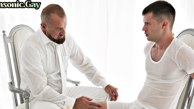 White suit mason toys twink ass while watching him jerk