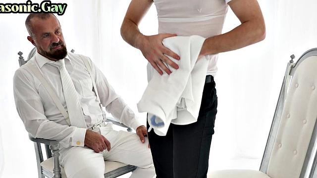 White suit mason toys twink ass while watching him jerk