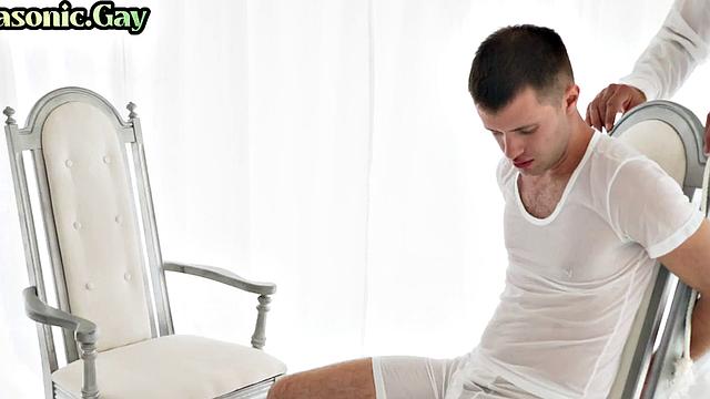 White suit mason toys twink ass while watching him jerk