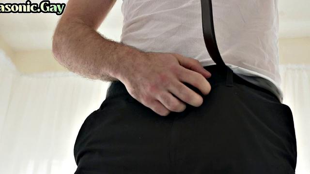 White suit mason toys twink ass while watching him jerk