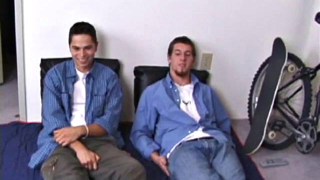 Watching a straight porn video Adam and Anthony are soon hard and Anthony goes to work practicing his oral skills. The two 69 for a bit, then Anthony fucks Adam with a vibrator. Anthony gets up on his knees and shoots all over Adam's pecs.