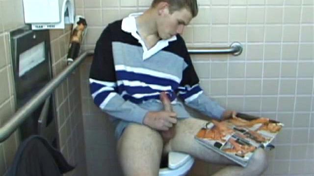 In the men's room, Christian unpacks a stack of porn magazines and flips through the pages, looking for the girl of the moment. Dropping pants, Christian gets into a firm jack off, made especially noisy by liberal lubrication.