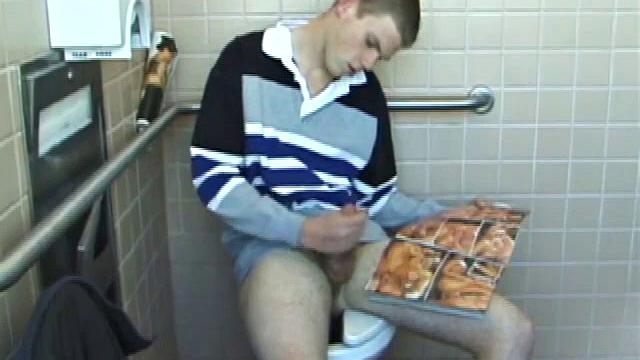 In the men's room, Christian unpacks a stack of porn magazines and flips through the pages, looking for the girl of the moment. Dropping pants, Christian gets into a firm jack off, made especially noisy by liberal lubrication.