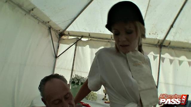 Sexy blonde riding a dick in the barn