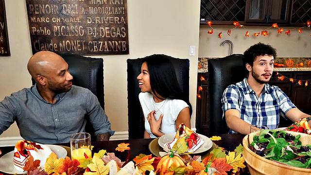 Ebony MILF cockriding in kitchen