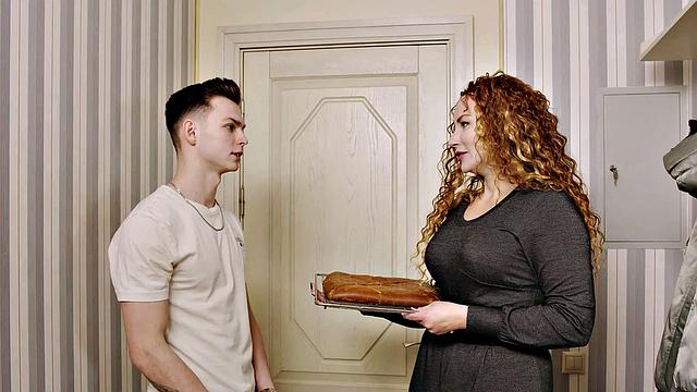 Watch this bald-headed cougar get more than just pie from her man in the bathroom