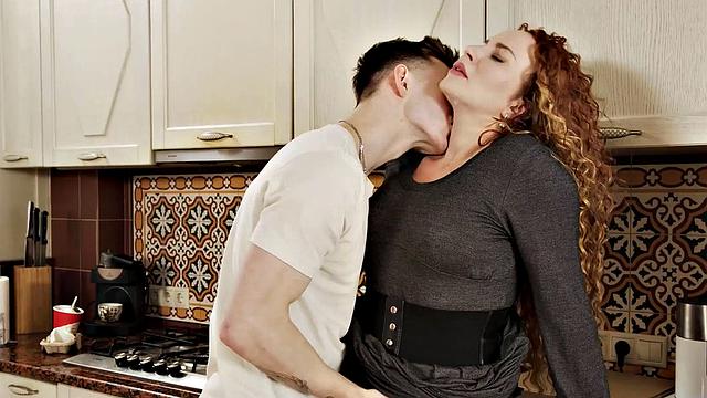 Watch this bald-headed cougar get more than just pie from her man in the bathroom