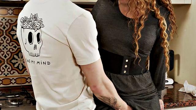 Watch this bald-headed cougar get more than just pie from her man in the bathroom