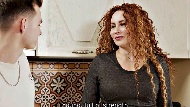 Watch this bald-headed cougar get more than just pie from her man in the bathroom