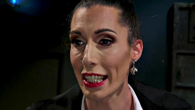 Busty TS officer mercilessly bangs her colleague's ass in the office