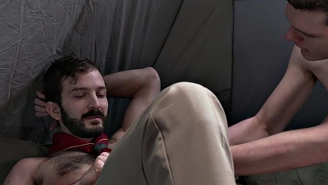 Elder gay scout fucks newbie twink in tent outdoors