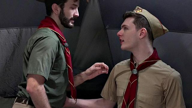 Elder gay scout fucks newbie twink in tent outdoors