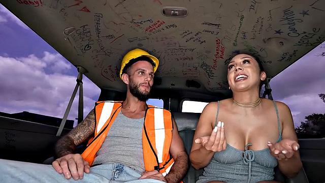 Worker from street fucks gay ass in public outdoor van