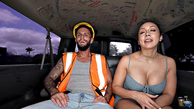 Worker from street fucks gay ass in public outdoor van