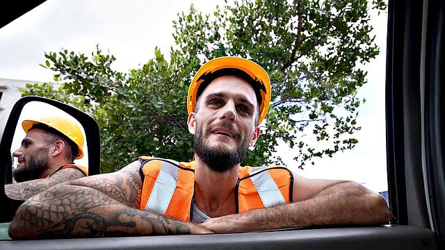 Worker from street fucks gay ass in public outdoor van