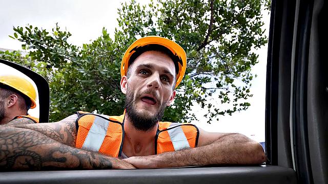 Worker from street fucks gay ass in public outdoor van