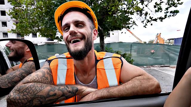 Worker from street fucks gay ass in public outdoor van