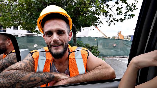 Worker from street fucks gay ass in public outdoor van