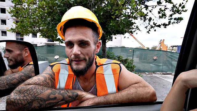 Worker from street fucks gay ass in public outdoor van