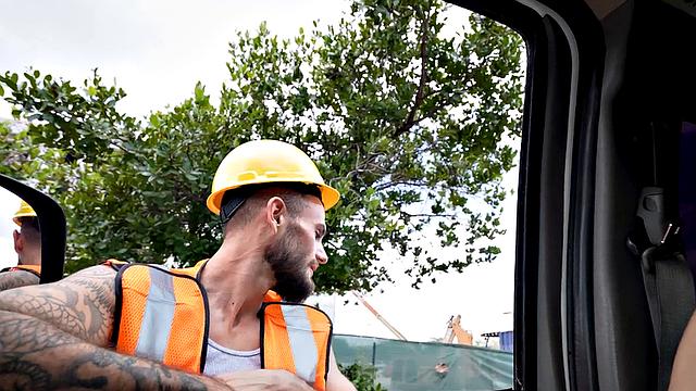 Worker from street fucks gay ass in public outdoor van