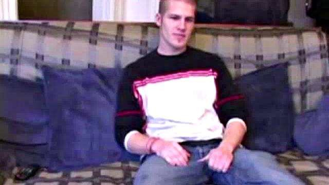 Alex West feels himself, through his jeans, and then strips naked to expose his stiff cock. He strokes for a while, and then pulls out a jelly dildo, lubes it up an dstuffs his ass with it. Alex soon pumps out a warm cum load on his chest.