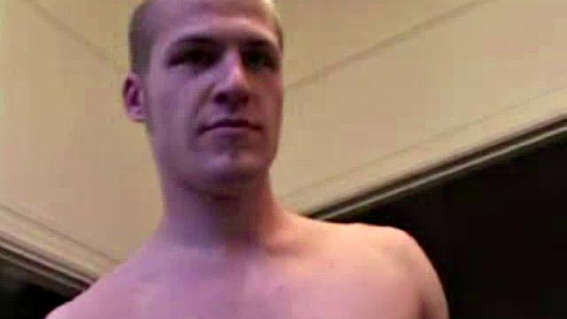 Alex West feels himself, through his jeans, and then strips naked to expose his stiff cock. He strokes for a while, and then pulls out a jelly dildo, lubes it up an dstuffs his ass with it. Alex soon pumps out a warm cum load on his chest.