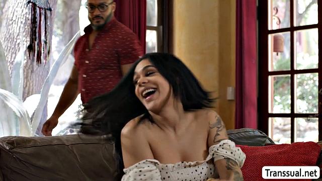 Busty TS rides her stepdad's black and white dick