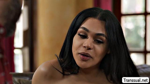 Busty TS rides her stepdad's black and white dick