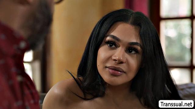 Busty TS rides her stepdad's black and white dick