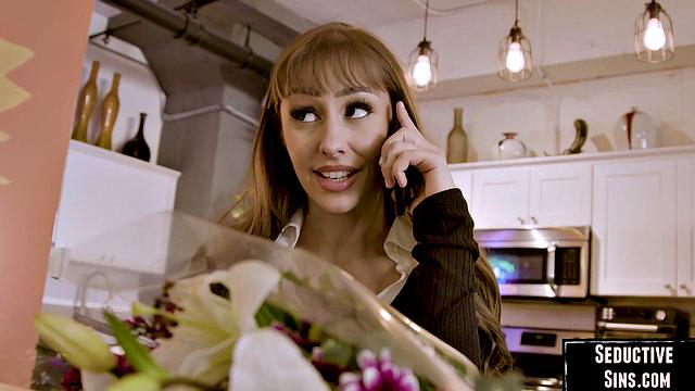 Horny brunette babe doggystyled