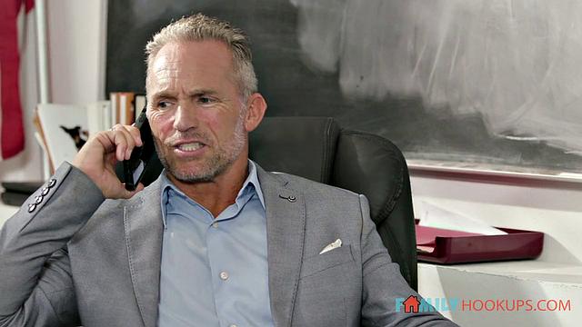 busty tattooed Anna Chambers seduces stepdad in classroom