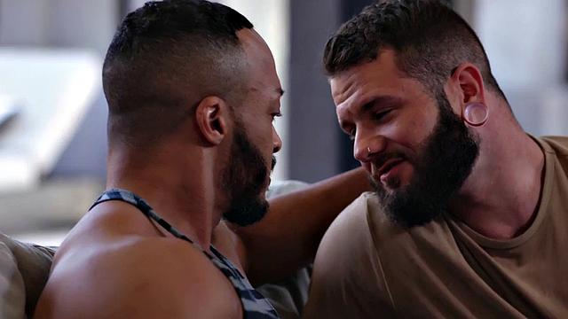 Hung BBC barebacked by bearded BF while wanking