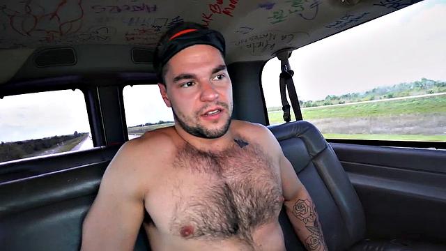 Picked up guy cums on face for cash in public outdoor van