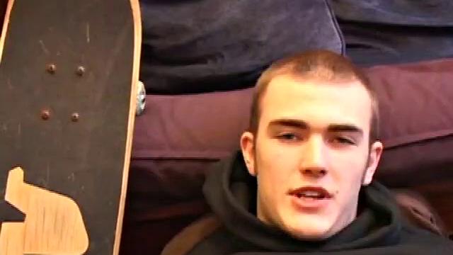 After coming back from skateboarding, Christian Wilde gets a stiff one thru his pants and pulls it out. Some double-handed stroking finally sends a cum gusher onto his chest.