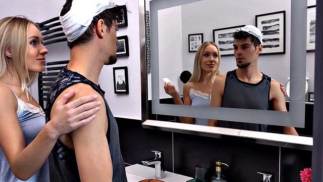 A kinky blonde get a hard pounding on the couch while wearing a nightie and flexing her tight bald pussy