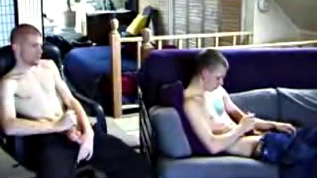 Tristian and Shane stroke together, hard cocks side by side