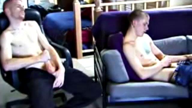 Tristian and Shane stroke together, hard cocks side by side