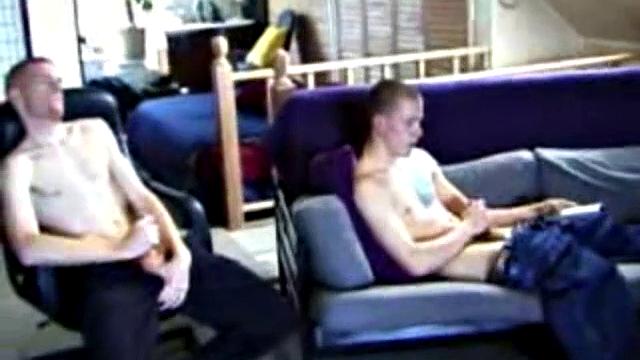 Tristian and Shane stroke together, hard cocks side by side