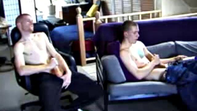 Tristian and Shane stroke together, hard cocks side by side