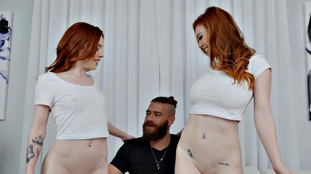 Ginger stepsisters pussy in 3way after throating