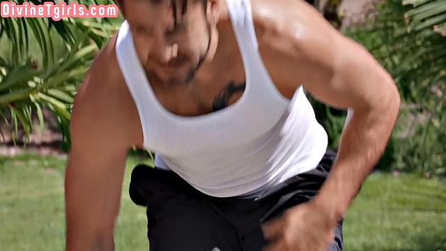 Big-titted blonde TS drilled anally by BF