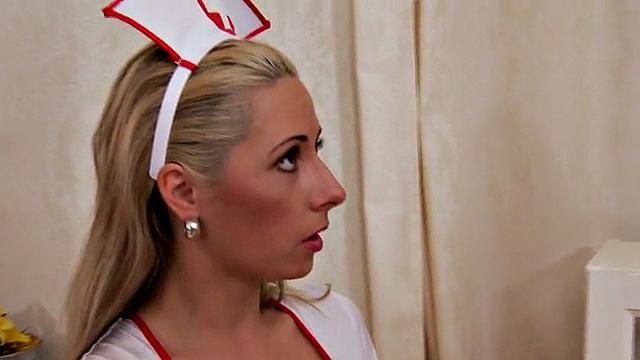 CFNM femdom nurses peg guys in 3some with dildo