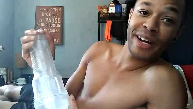 Calvin Collins is a slim and smooth black guy with a big dick. Naked and sprawled out on his bed, the young man treats his meat to the feel of a fleshjack as he strokes with determination.