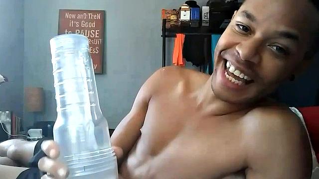 Calvin Collins is a slim and smooth black guy with a big dick. Naked and sprawled out on his bed, the young man treats his meat to the feel of a fleshjack as he strokes with determination.