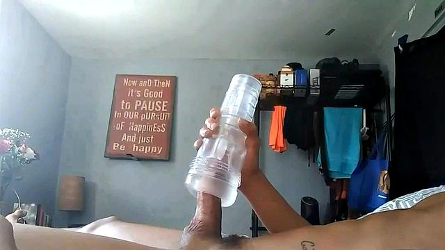 Calvin Collins is a slim and smooth black guy with a big dick. Naked and sprawled out on his bed, the young man treats his meat to the feel of a fleshjack as he strokes with determination.