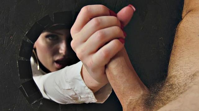 Stockinged trans enjoys gloryhole blowjob exchange