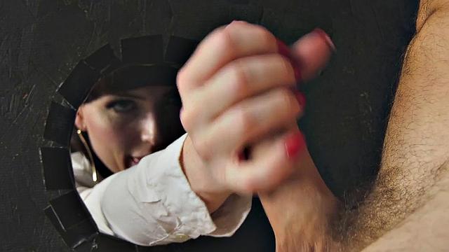 Stockinged trans enjoys gloryhole blowjob exchange